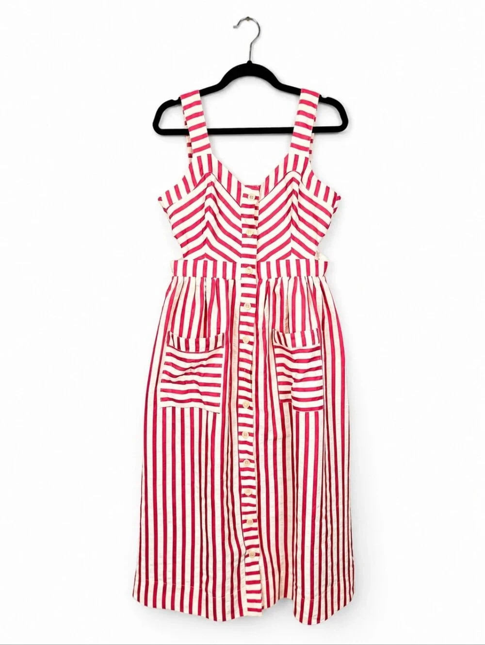 NWT Entro Red Stripe Midi Dress Cutout Back Pockets Women’s Large