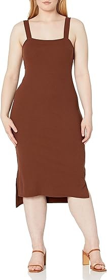 Womens Ribbed Bodycon Midi Tank Dress XL Brown Square Neck Stretch Knit Everyday