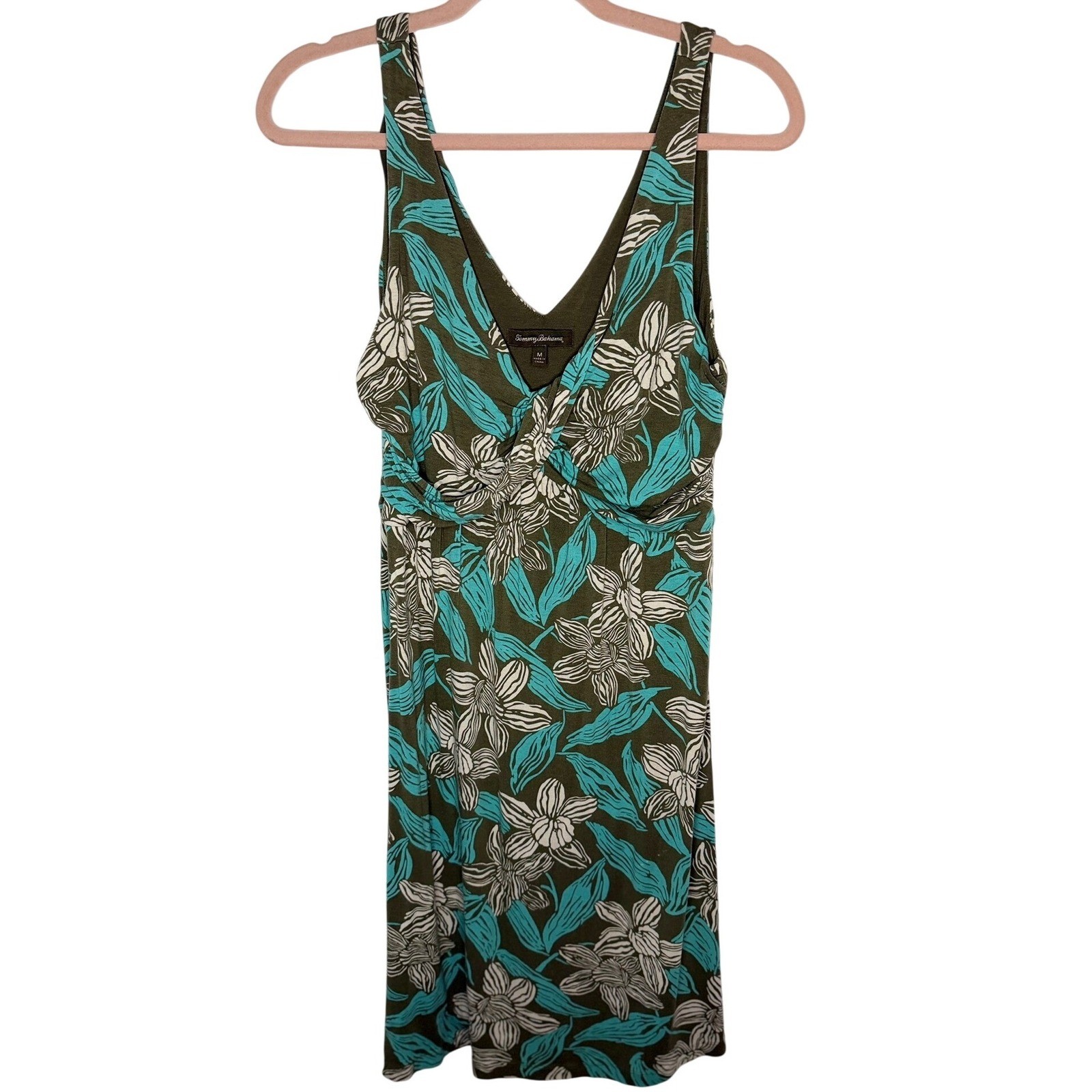 Tommy Bahama Womens Floral Twist Front V-Neck Sleeveless Knit Dress Olive Teal M