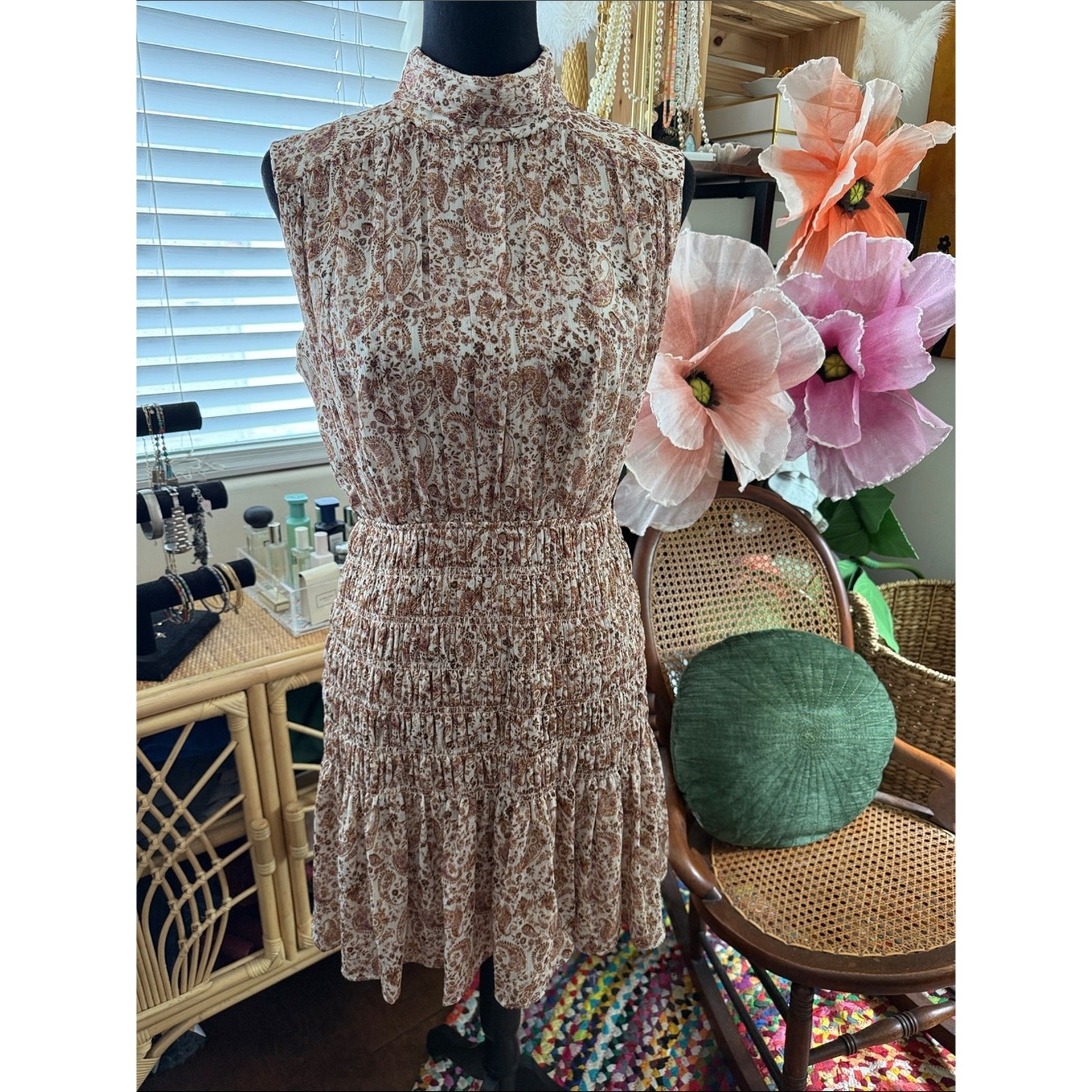 House of Harlow 1960 Blush Paisley Smocked Waist Garden Cottage Chic Mini Dress