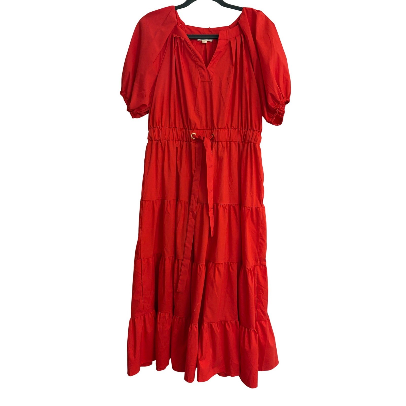 New Indigo Rose Red Tiered Puff Sleeve Maxi Dress sz Large Smocked Waist Boho