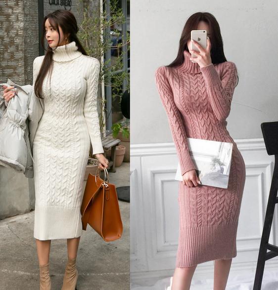 Women Autumn Winter Slim High Neck Long Sleeves Long Dress Knitted Sweater Dress