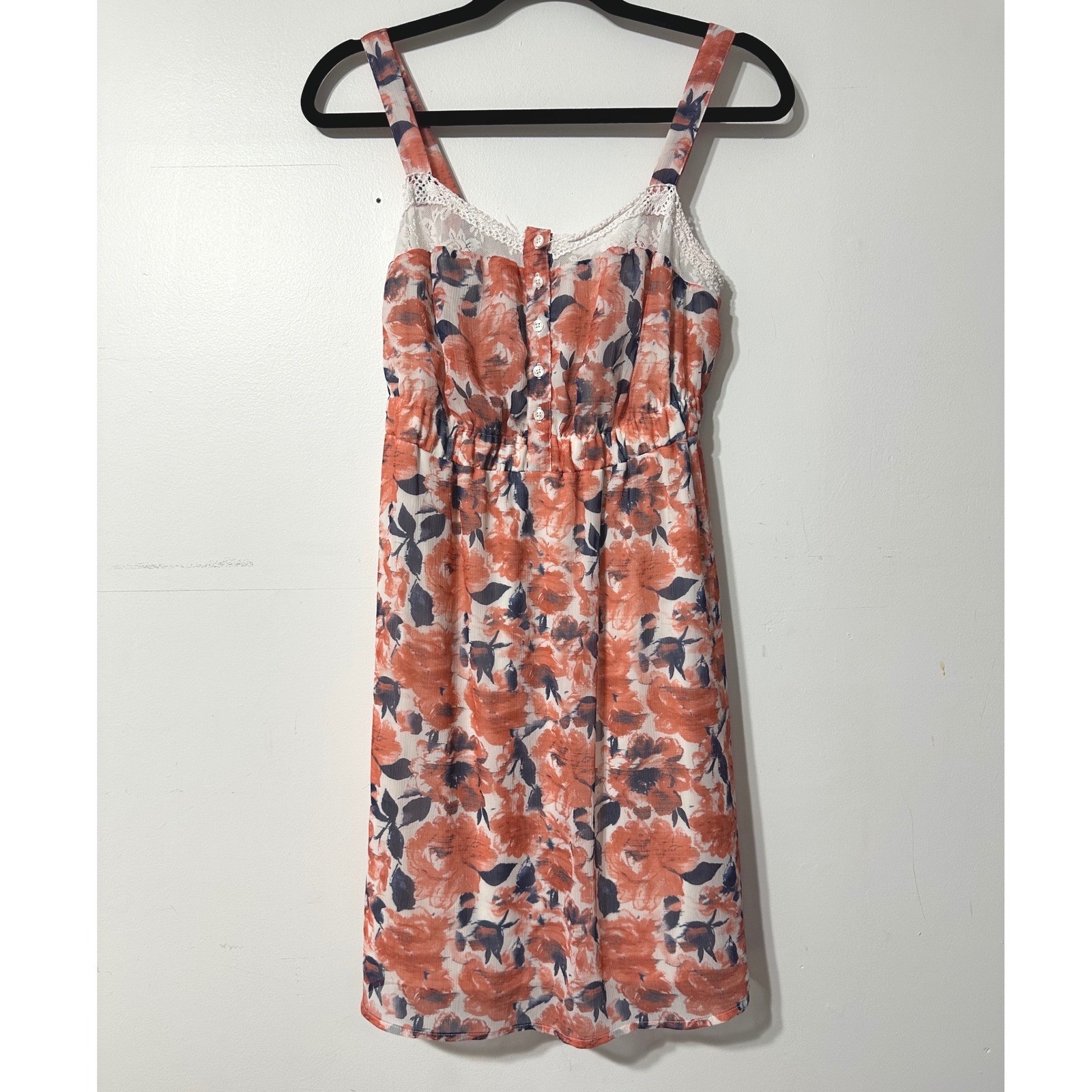 Mudd Floral Mini Dress Womens Medium Peach Blue Lace Trim Boho Summer Sleeveless