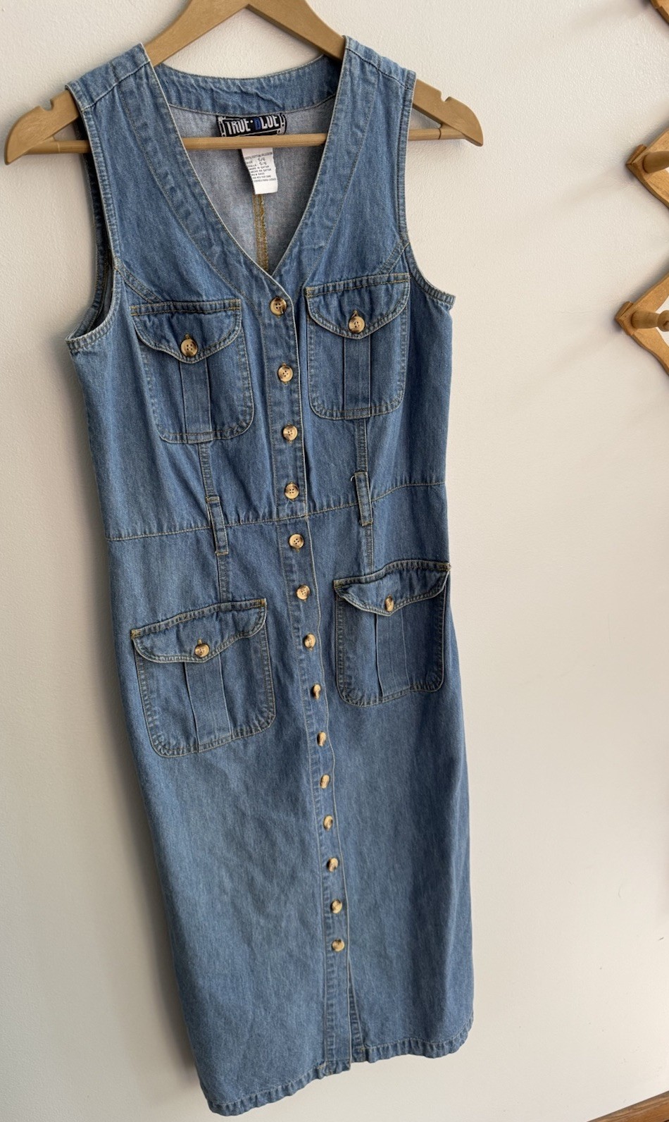 Vintage True Blue Denim Jean Midi Dress Full Button Front Sz 5 / 6 Pockets