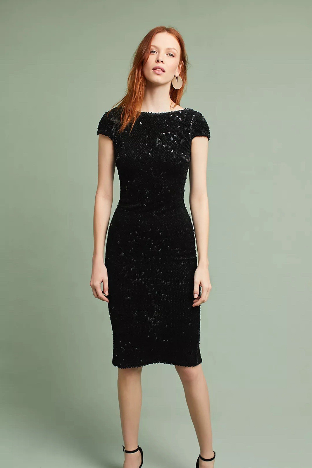 Anthropologie Dress the Population Marcella Sequin Black Midi Dress Sheath M