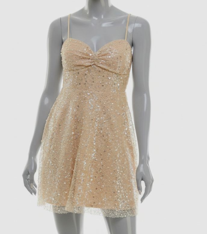 Emerald Sundae Juniors’ Women’s Beige Glitter Sequin Sweetheart Dress Size S