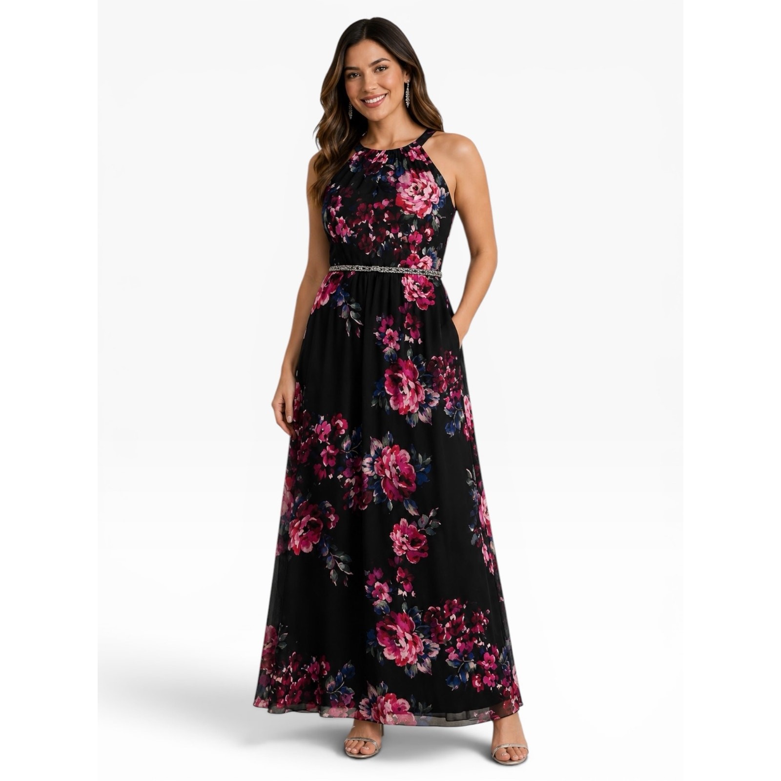 SLNY Floral Halter Maxi Dress Size 16 NWT