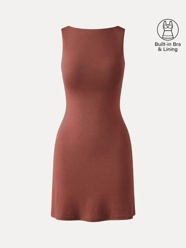 Women’s Open Back Brami Mini Dress Built In Bra Stretch Sleeveless, Georgia Clay