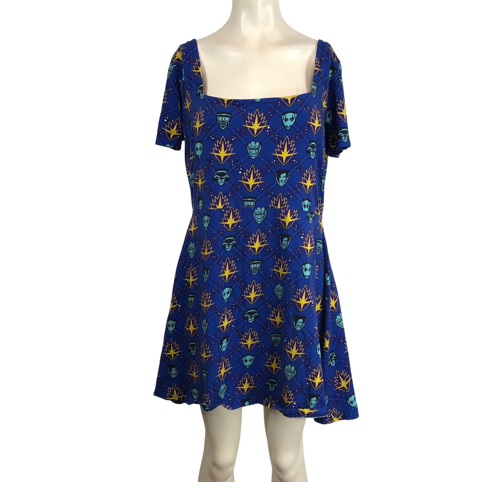CAKEWORTHY Marvel Guardians of the Galaxy Print Blue Square Neck Dress Women XL