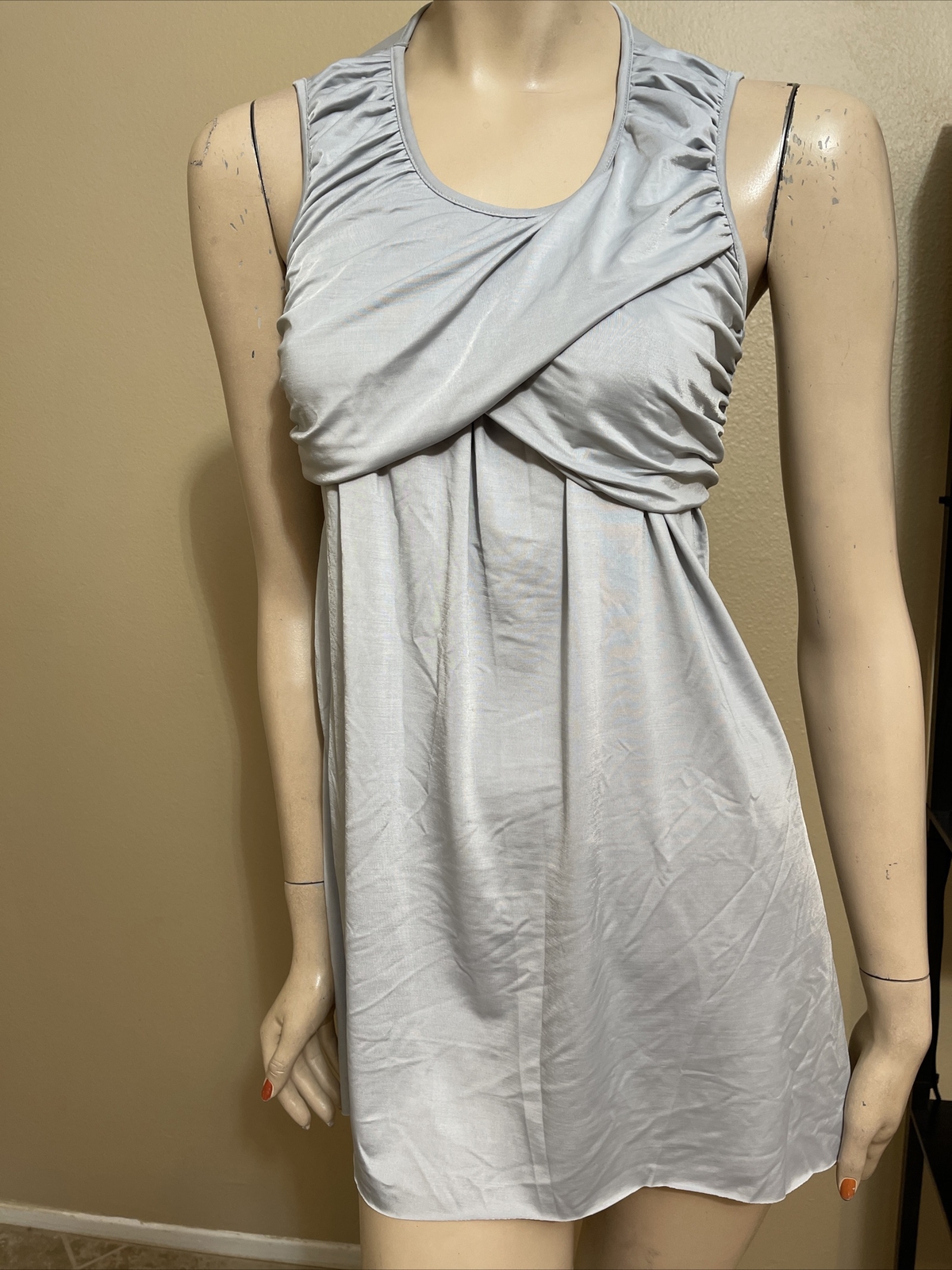 Women’s Blue Grey Polyester Casual Summer Tied Ruffles Mini Size L Blouse Dress