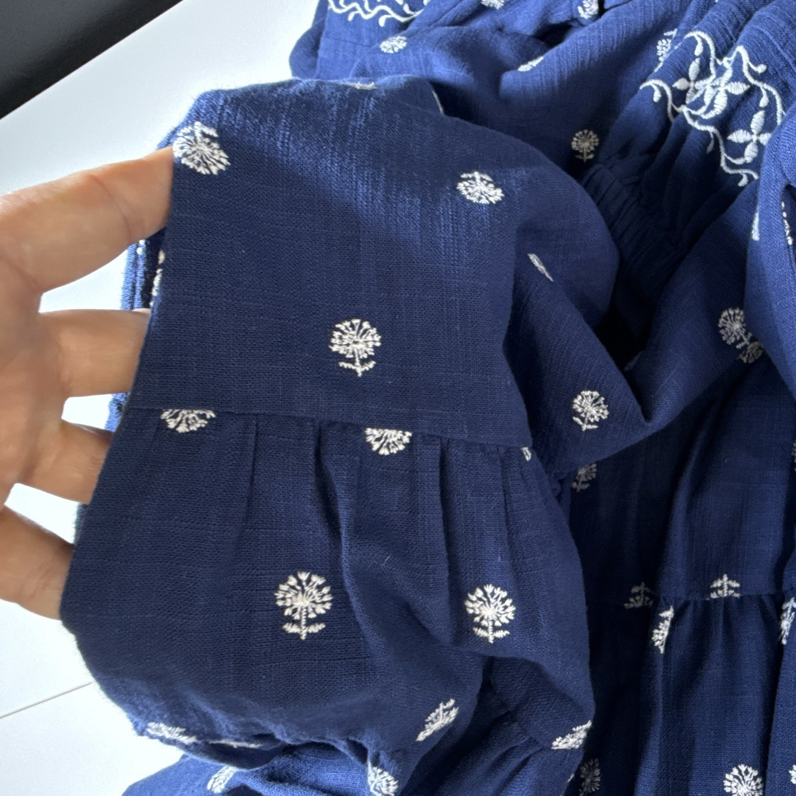 A Loves A XS Navy Blue Embroidered Cotton Peasant Dress Lined Pockets Boho puff