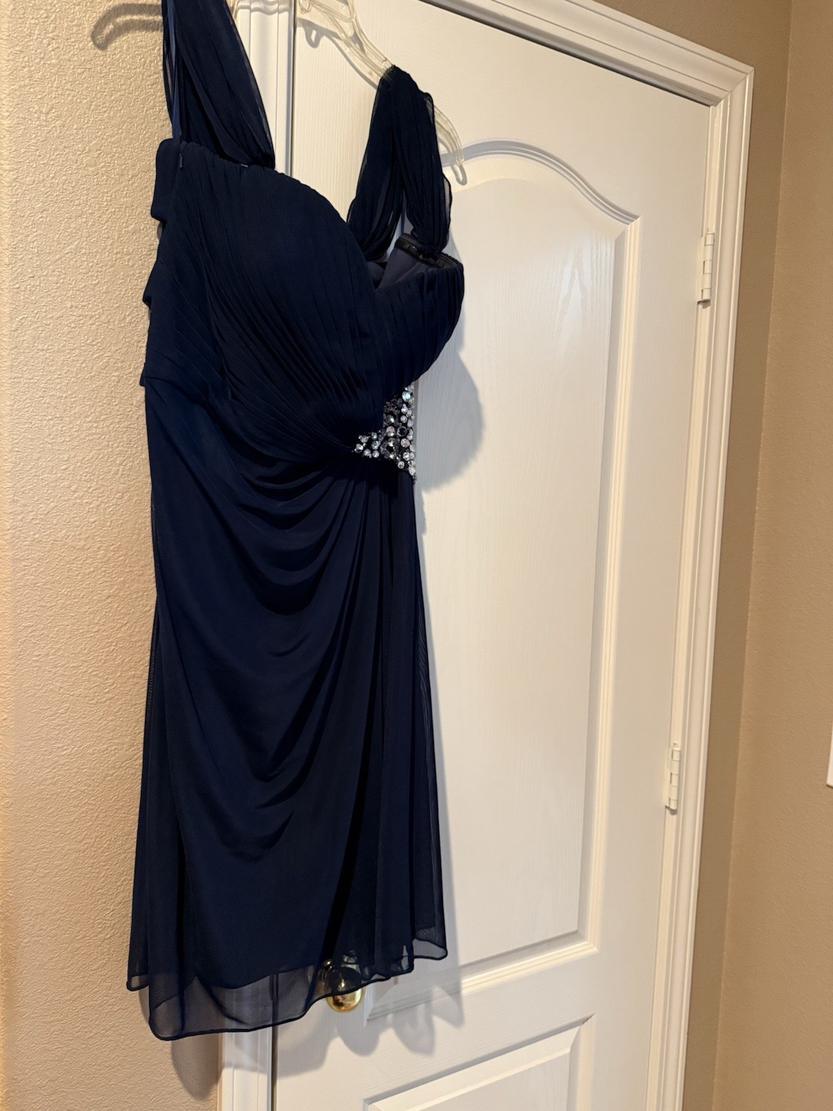 Xscape Navy Blue One Shoulder V-Neck Chiffon Rhinestone Sheath Dress 12