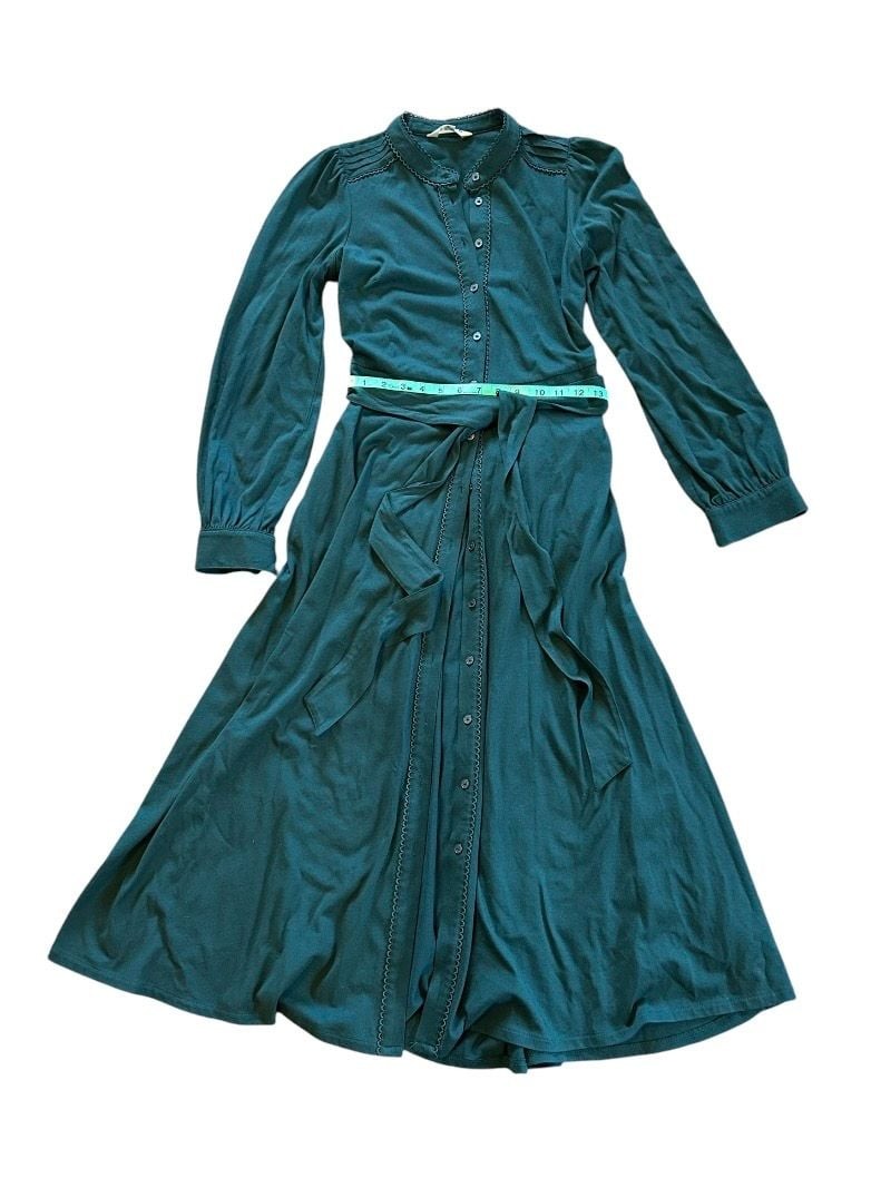 Boden Teal Long Sleeve Button-Front Shirt Dress with Belt