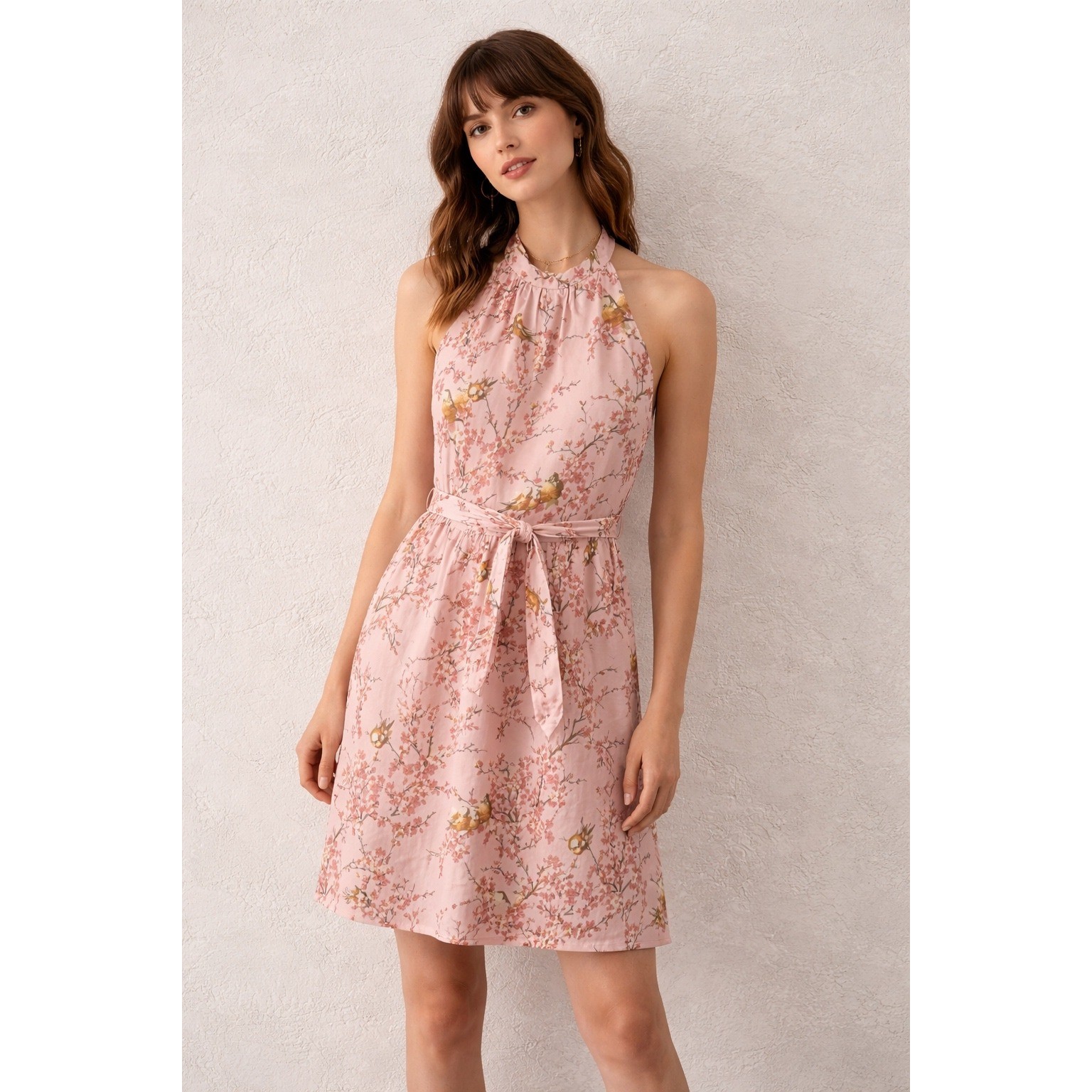 Vintage Moods 90s Cherry Blossom Bird Print Halter Neck Dress 6 Made in USA