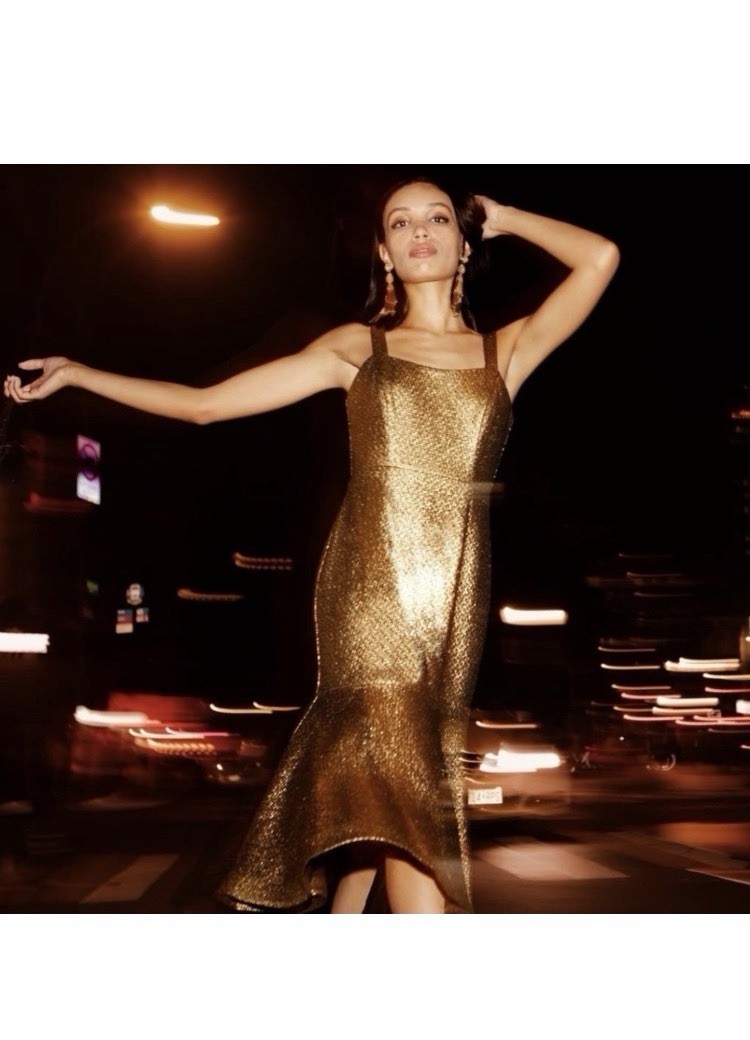 MESTIZA Jody Gold Metallic Tweed Square Neck Flutter Hem Midi Dress Sz 4 NWT