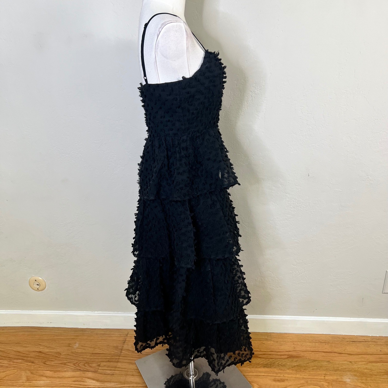 Lulus Dress Tiered Midi Size S Black Clip Dot Spaghetti Strap Cocktail Textured