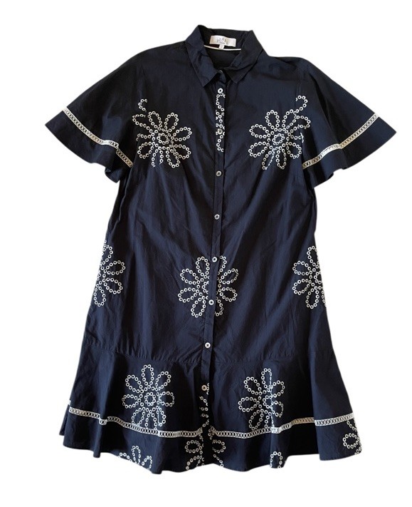 Pearl By Lela Rose Navy Blue Button Front Dress White Flower Embroidery Size S