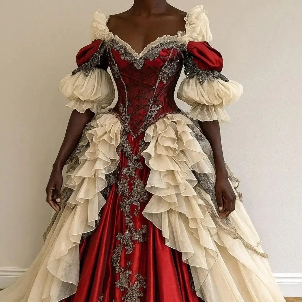 Vintage Red Royal Puff Sleeve Renaissance Evening Dresses Lace Embroidered Gowns