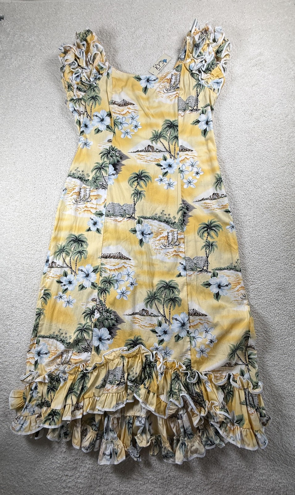 KY’S Hawaii Muumuu Dress Womens 3XL Yellow Floral Maxi Sundress Ruffle Cotton