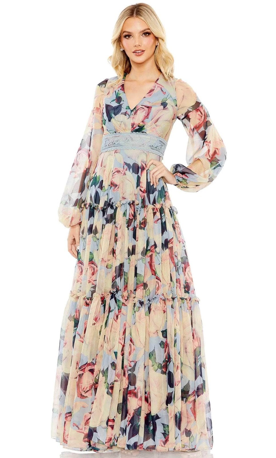 Mac Duggal Blue Multi Floral Long Sleeve Embroidered Chiffon Gown Size 14 $698