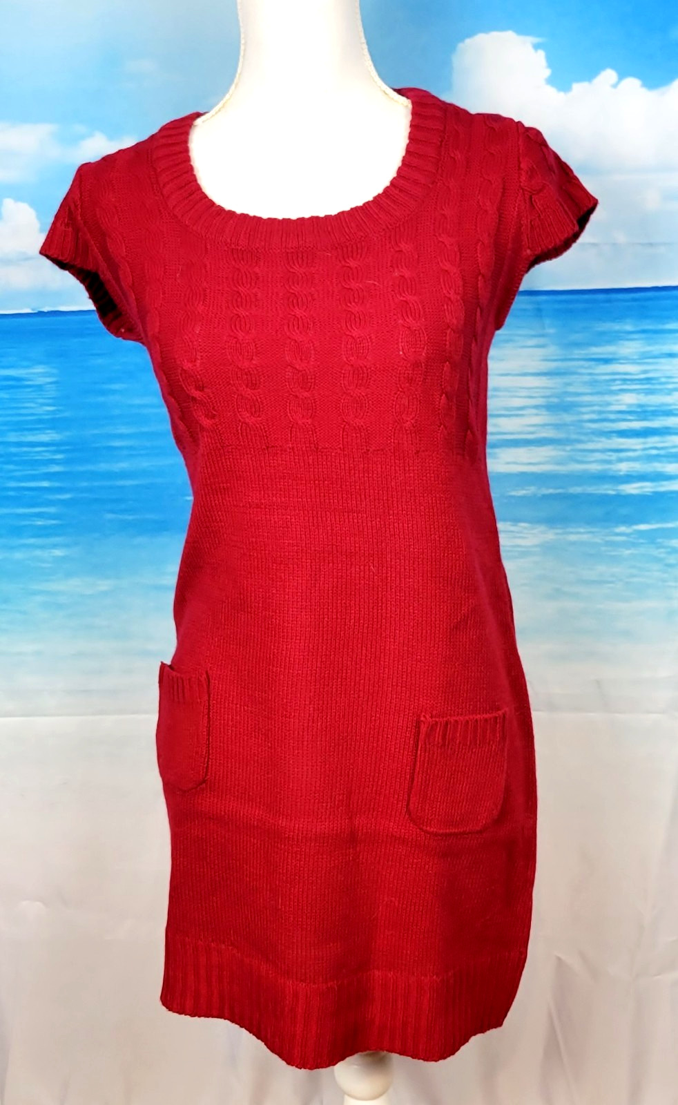 AMBIANCE APPAREL Woman’s RED KNIT DRESS Fitted BURGANDY WINE Pockets size Lg