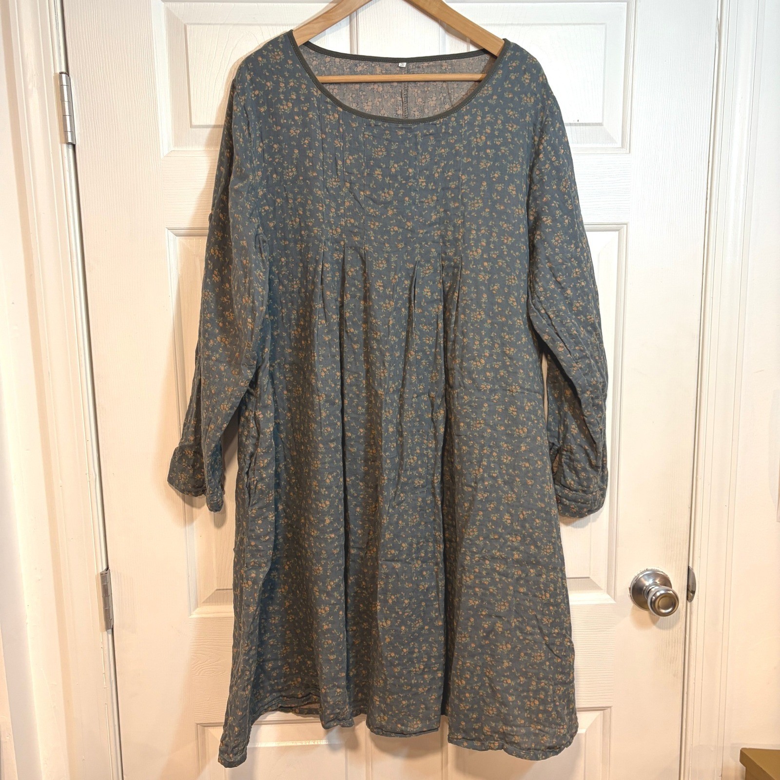 Mordenmiss Womens 2XL Blue Floral Cotton Gauze Roll Tab Sleeve Shift Midi Dress