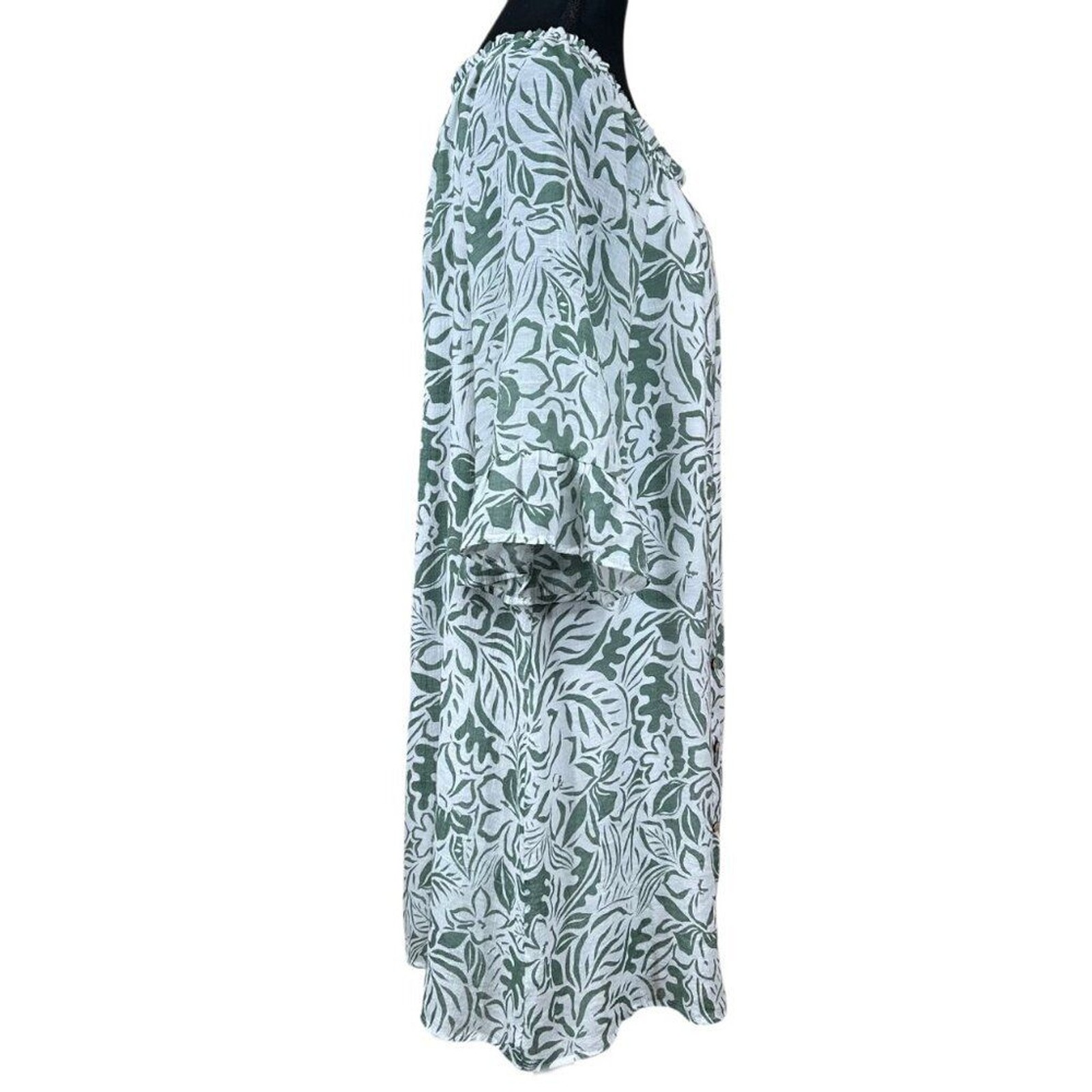 Naif Green White Rayon Gathered Neckline Bell Sleeve Sheath Dress Size L
