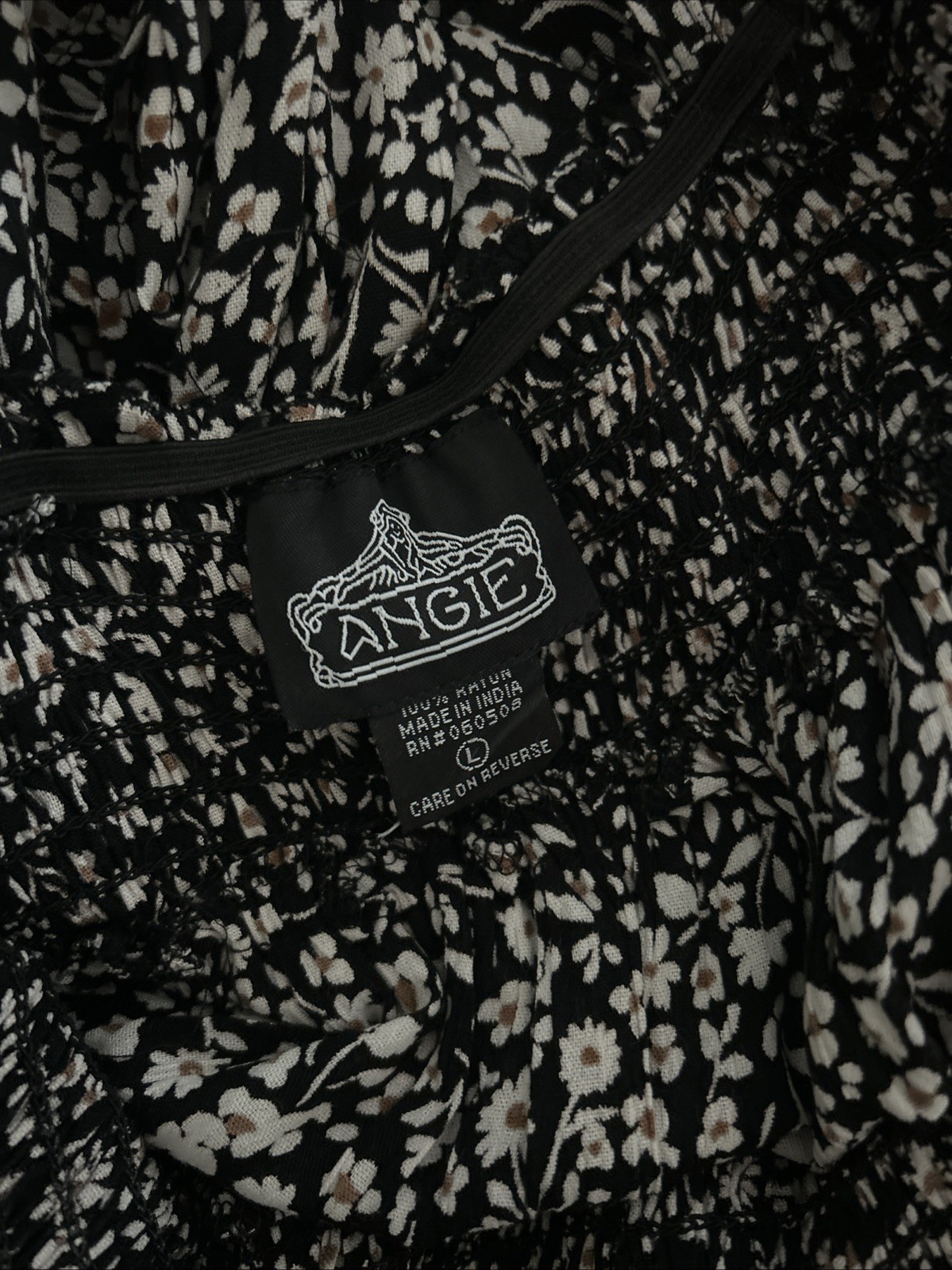 Angie Womens Boho Dress Size L, Black With Little Daisies, Tie On The Back