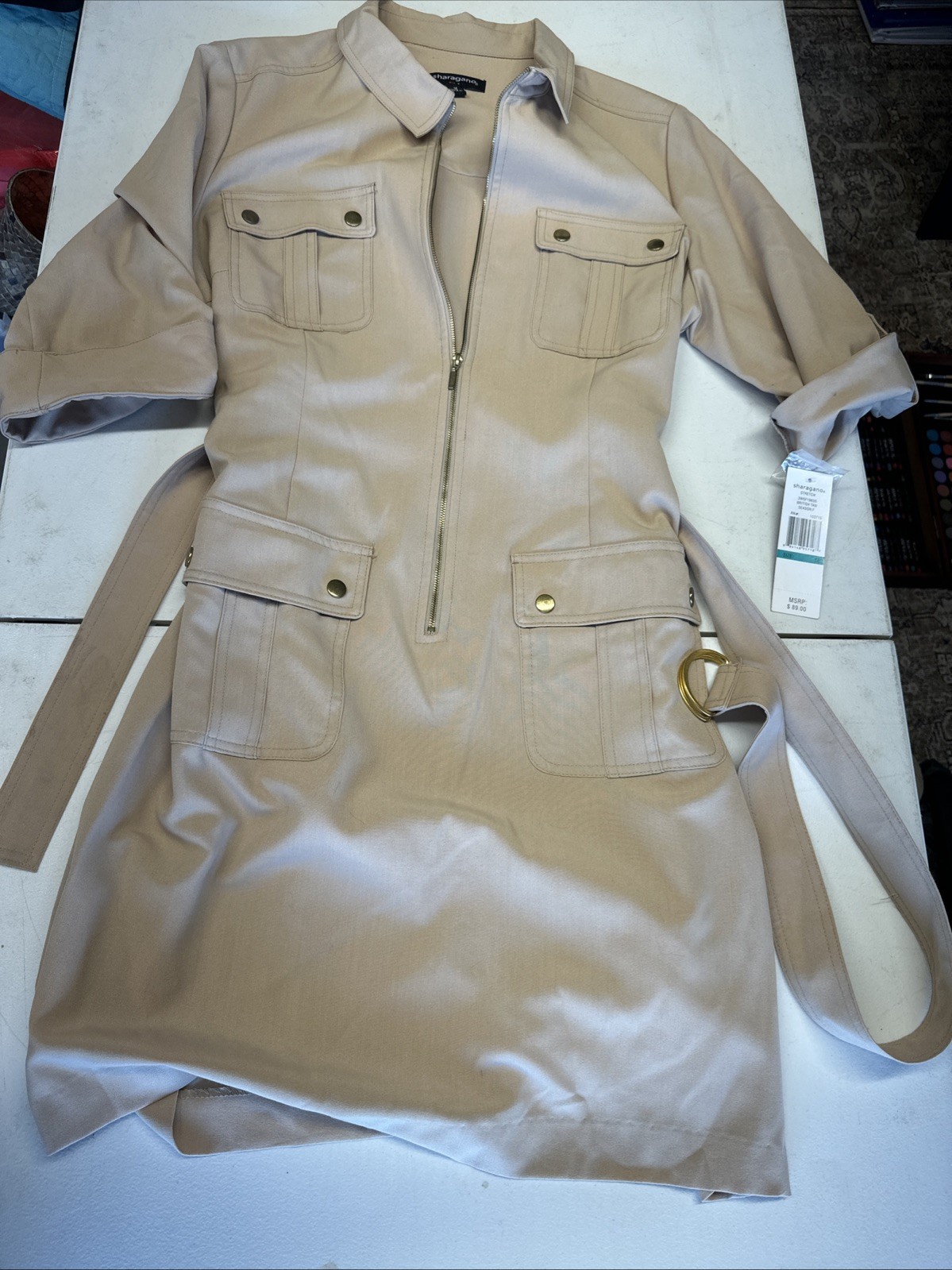 Sharagano Midi Dress Womens 16 Tan Cotton Blend Stretch Belted With Pockets