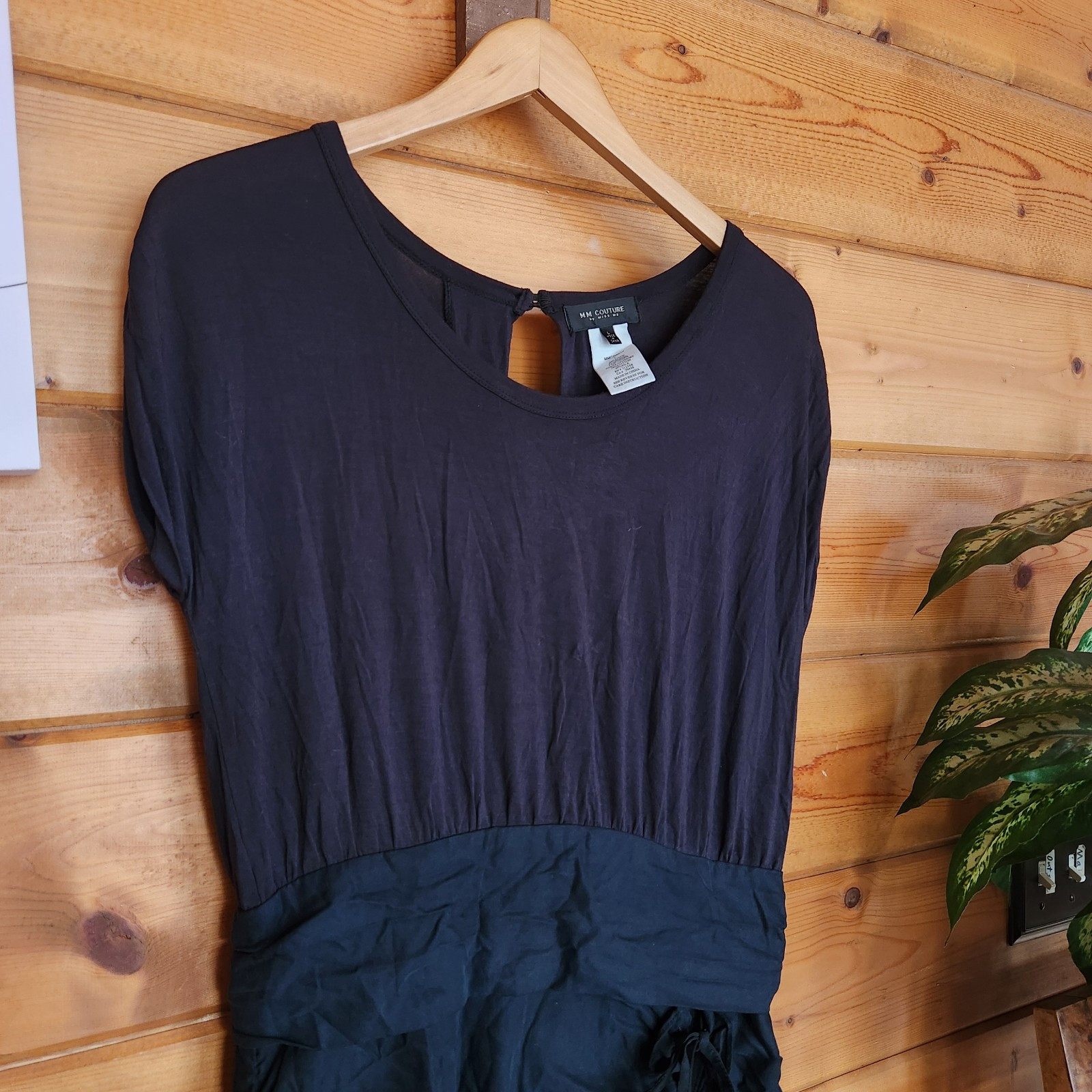 MM Couture by Miss Me Black Silk Blend Cut Out Back Ruched Blouson Stretch Sz L