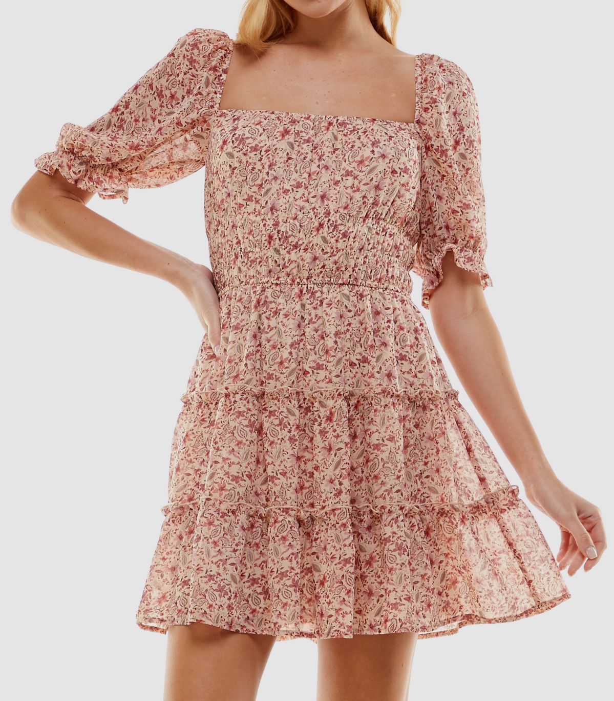 Trixxi Women’s Junior Pink Floral Tiered Ruffled-Cuff Dress Size S
