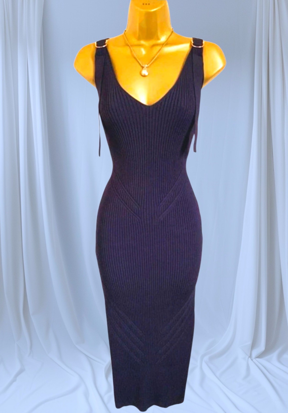 Karen Millen Size M Navy Ribbed Knitted Midi Dress