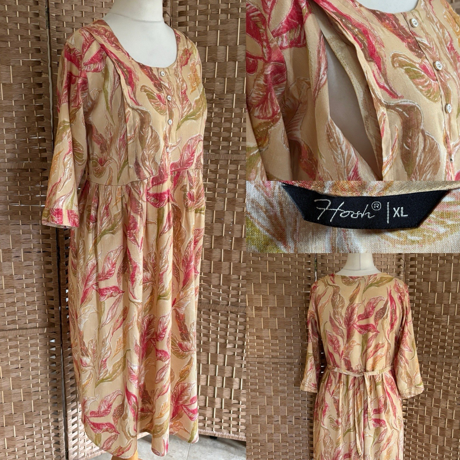HOOH Pink Tan FOLIAGE Print BUTTON Tie Back NURSING Dress 12 14 L42” ARTY Zips