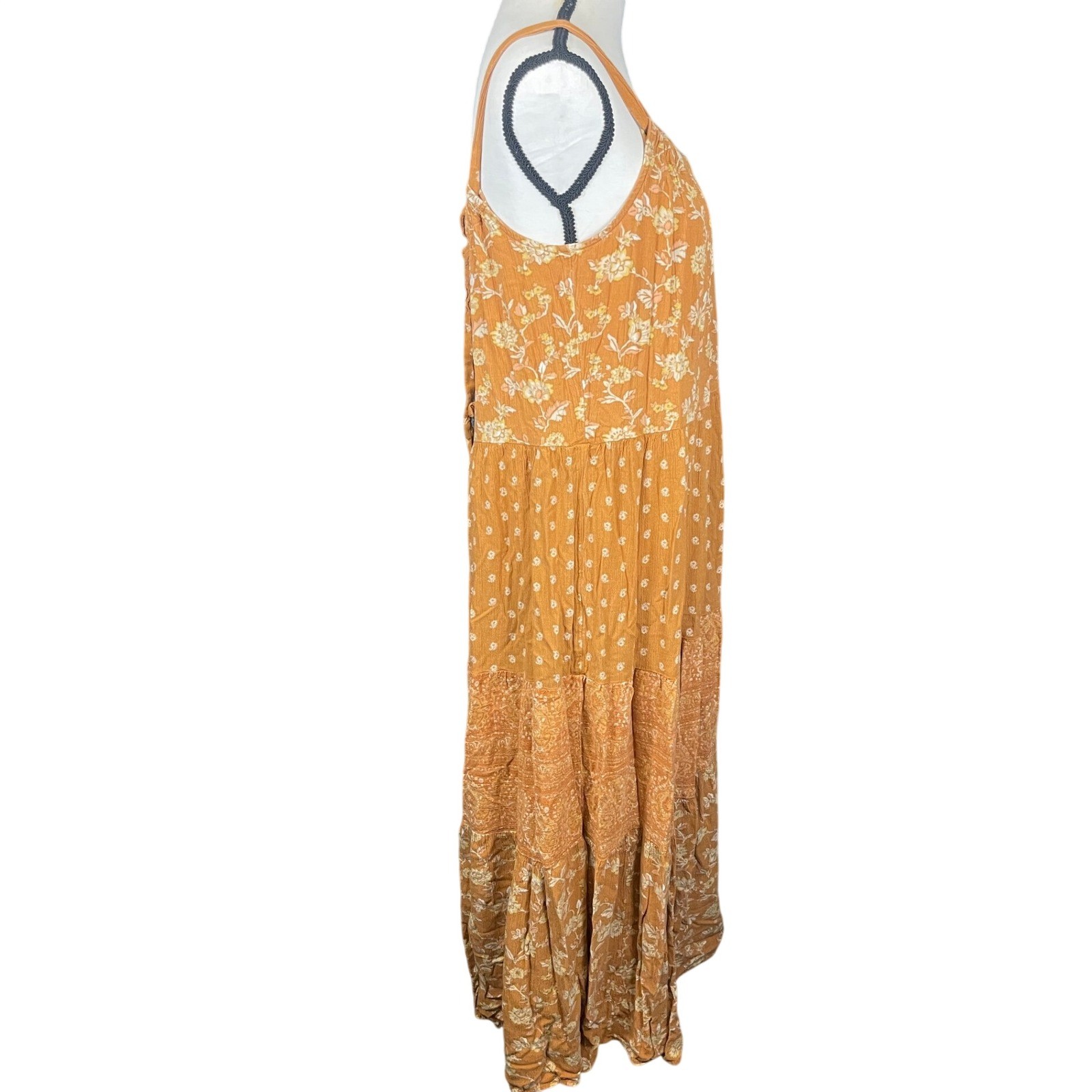 Wonderly Boho Fairy Cottagecore Peasant Tiered Maxi Dress Womens L Orange Tie Bk