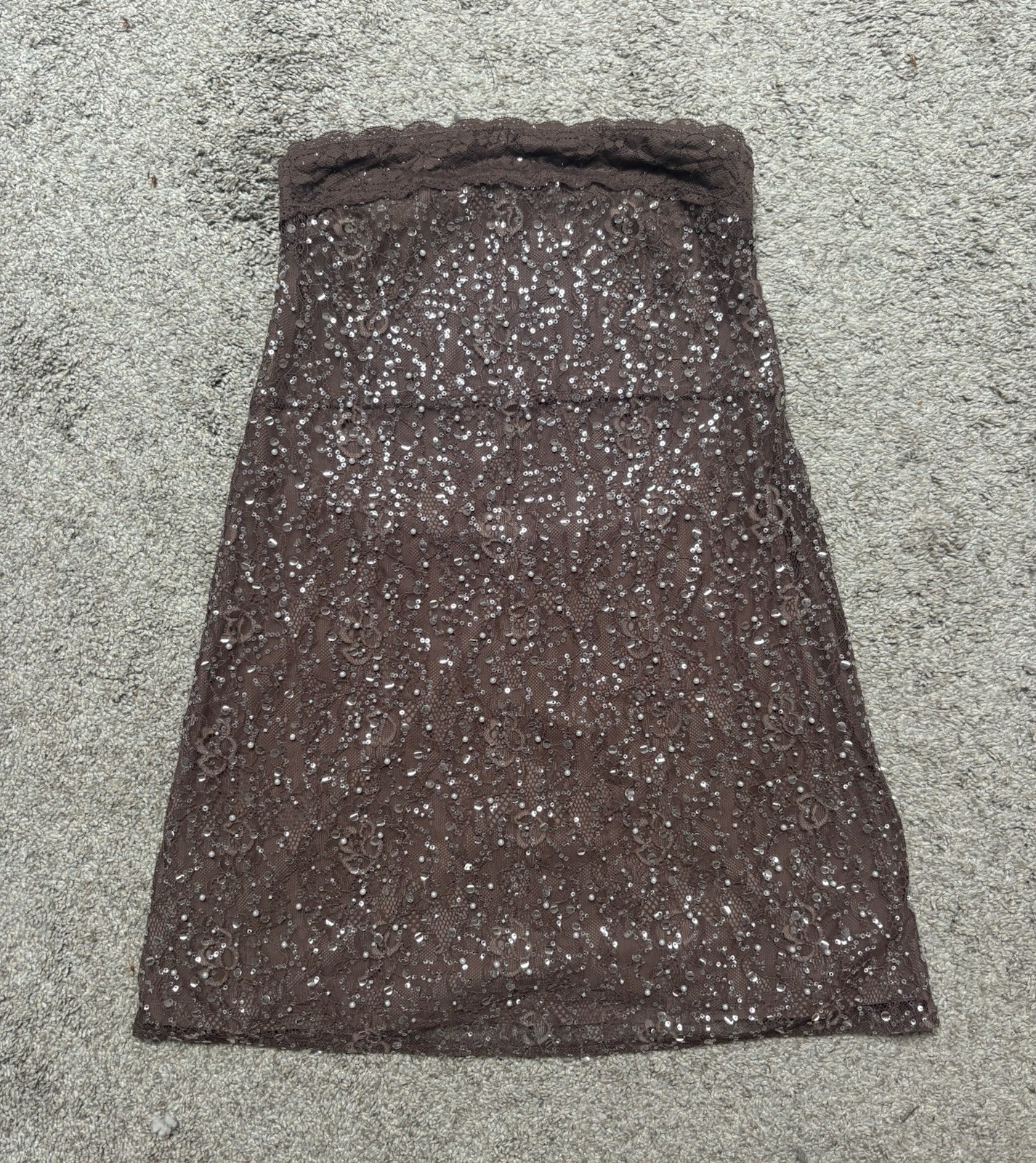 Brown Lace, Sequin, And Beaded Edikted Strapless Mini Dress Size Medium