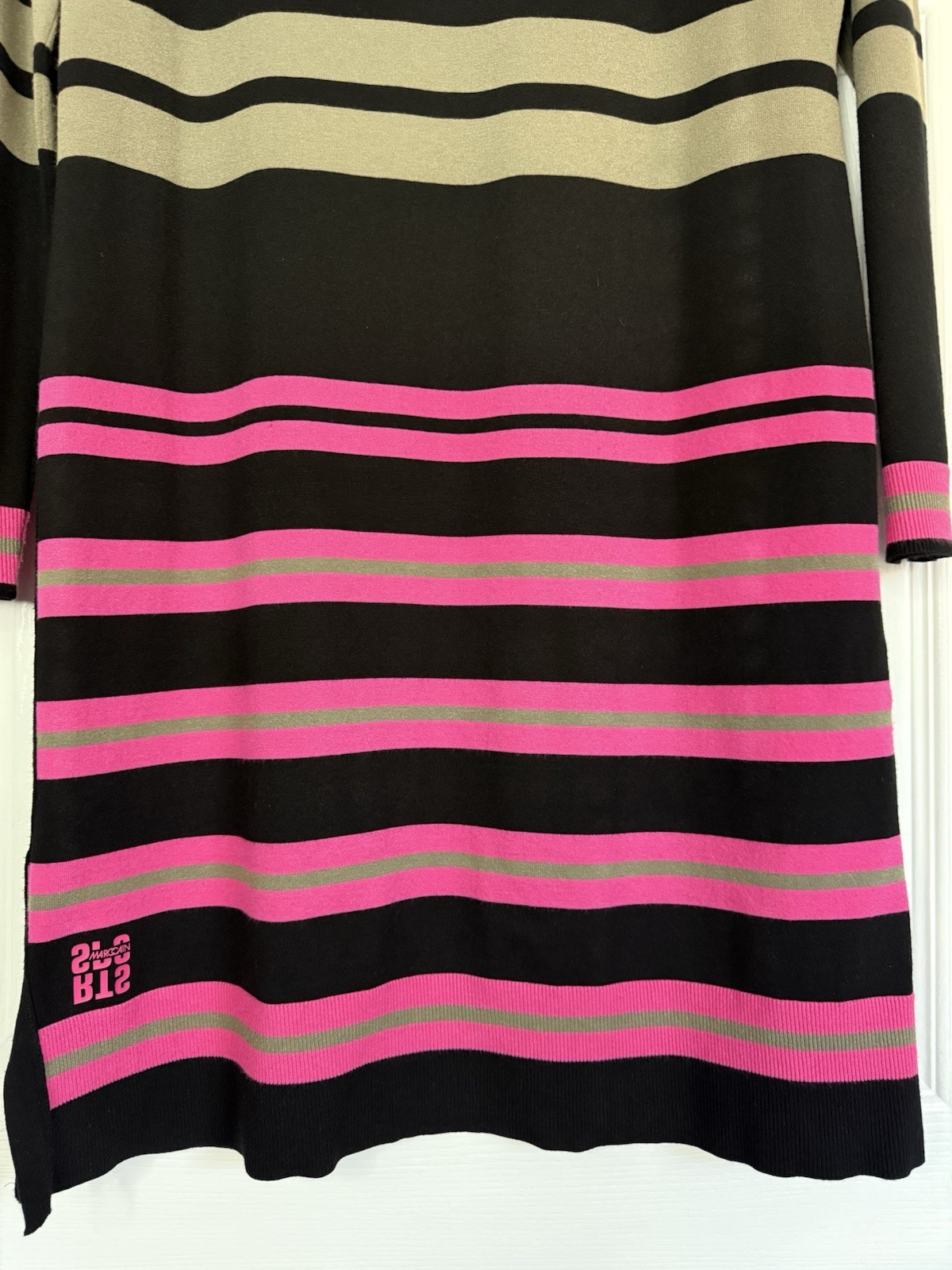 MARC CAIN Sport Striped RETHINK TOGETHER Stretch Knit Side Slit Dress N4 8 M / L