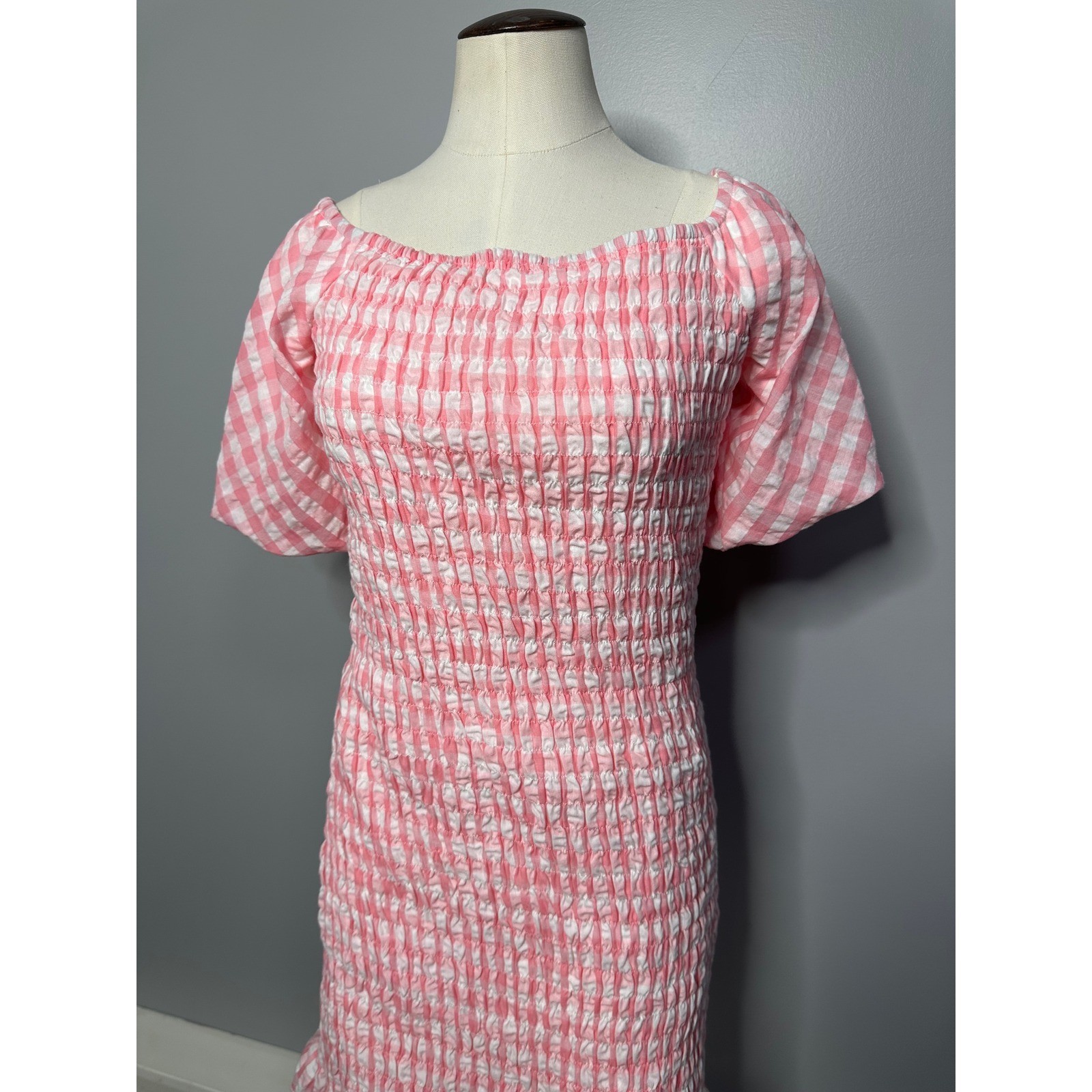 Pink Lily Gingham Smocked Pink Mini Dress Short Puff Sleeve Ruffle Hem Womens L
