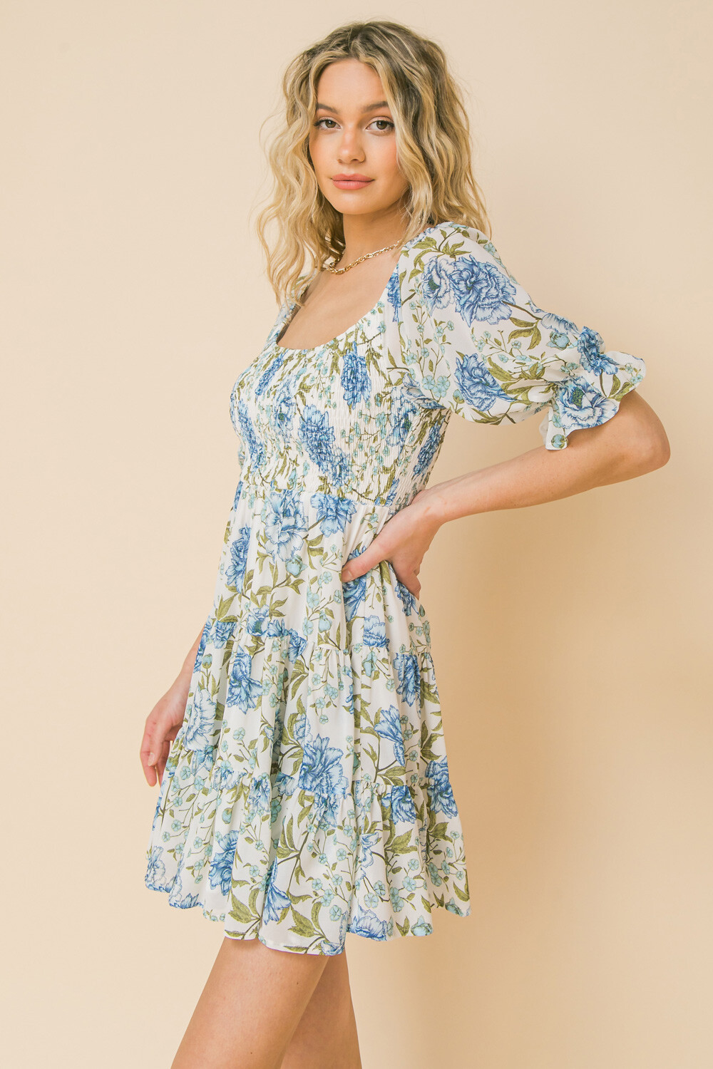 Flying Tomato Floral Print Smocked Tiered Mini Dress Women’s