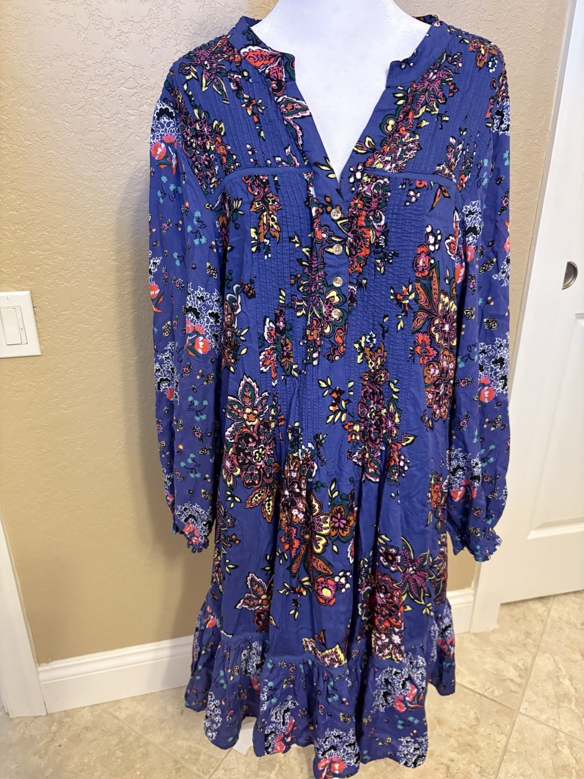 Anthropologie Diana Pintucked Tunic Dress, Purple Floral, Boho, Flounce Hem. Med
