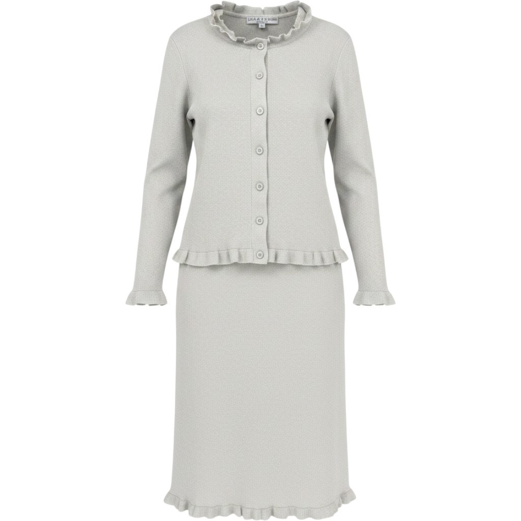 Lily & Taylor 2pc Knit Church Suit Dress Ruffled Edges Women’s L Silver Metallic