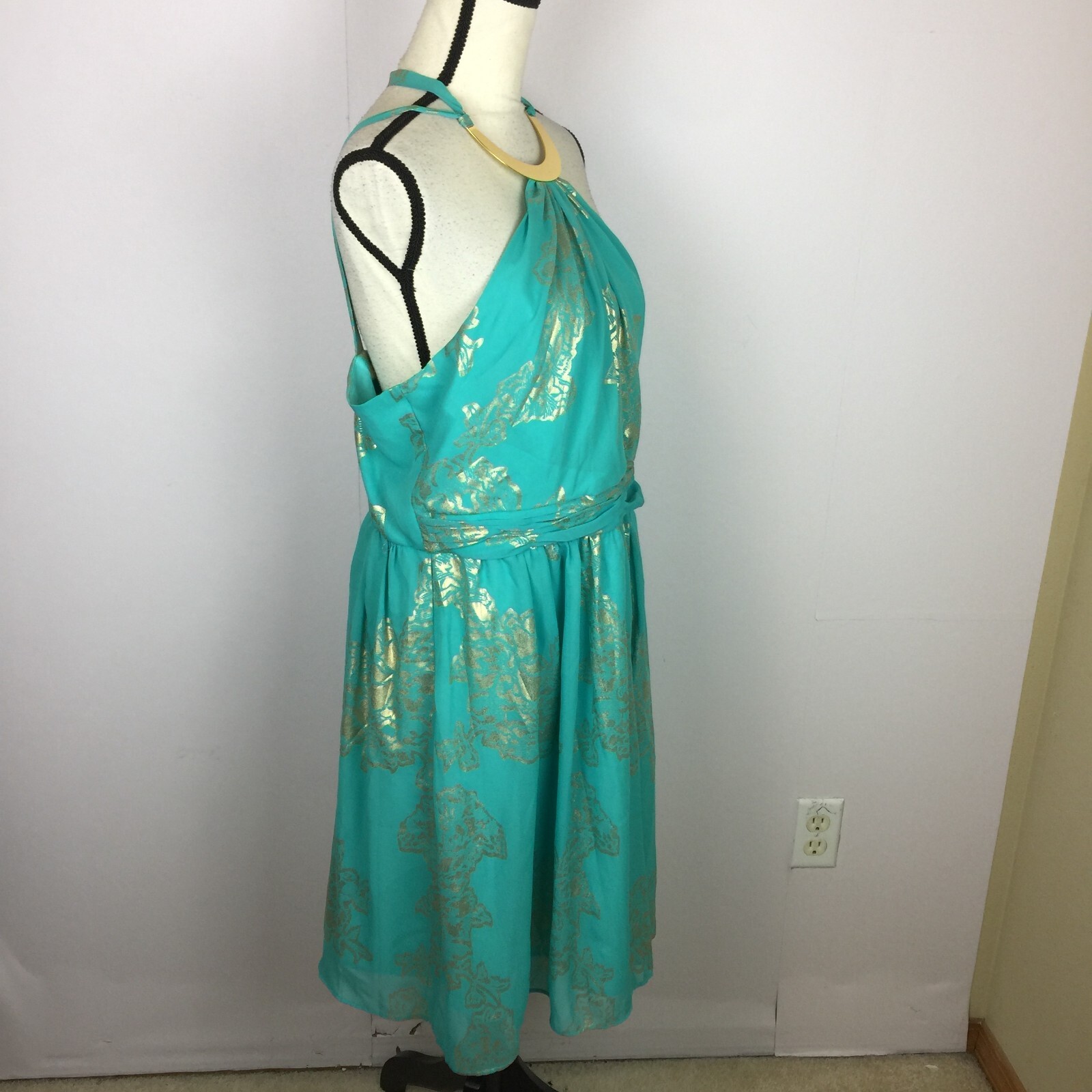 NWT Robbie Bee Evening Cocktail Halter A-Line Dress Sz 14 Woman Blue Gold Floral
