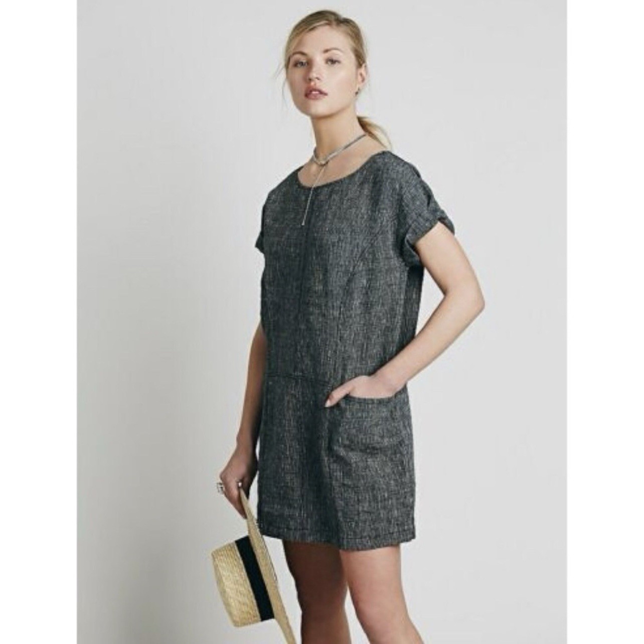 NWT Free People Endless Shore Linen Dress Crew Neck Cuffed Sleeve Sheath Small