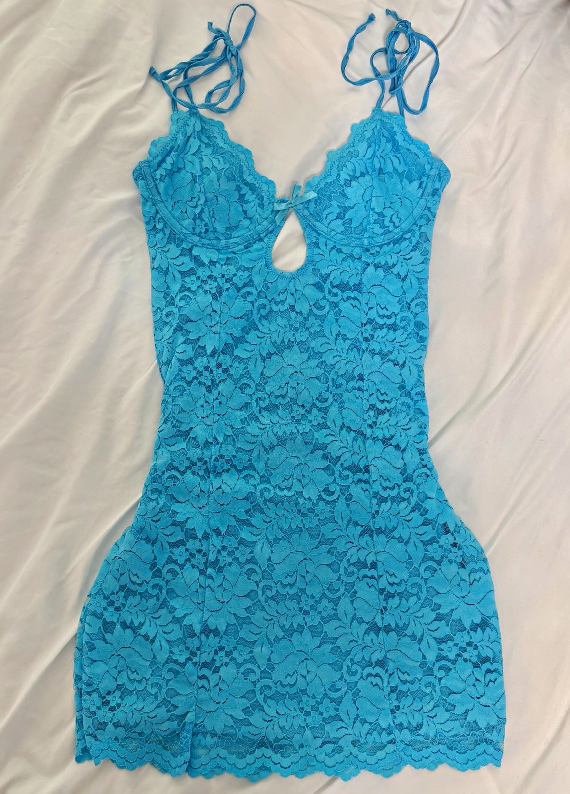 White Fox Blue Floral Lace Cutout Bodycon Mini Dress V-Neck Strappy S