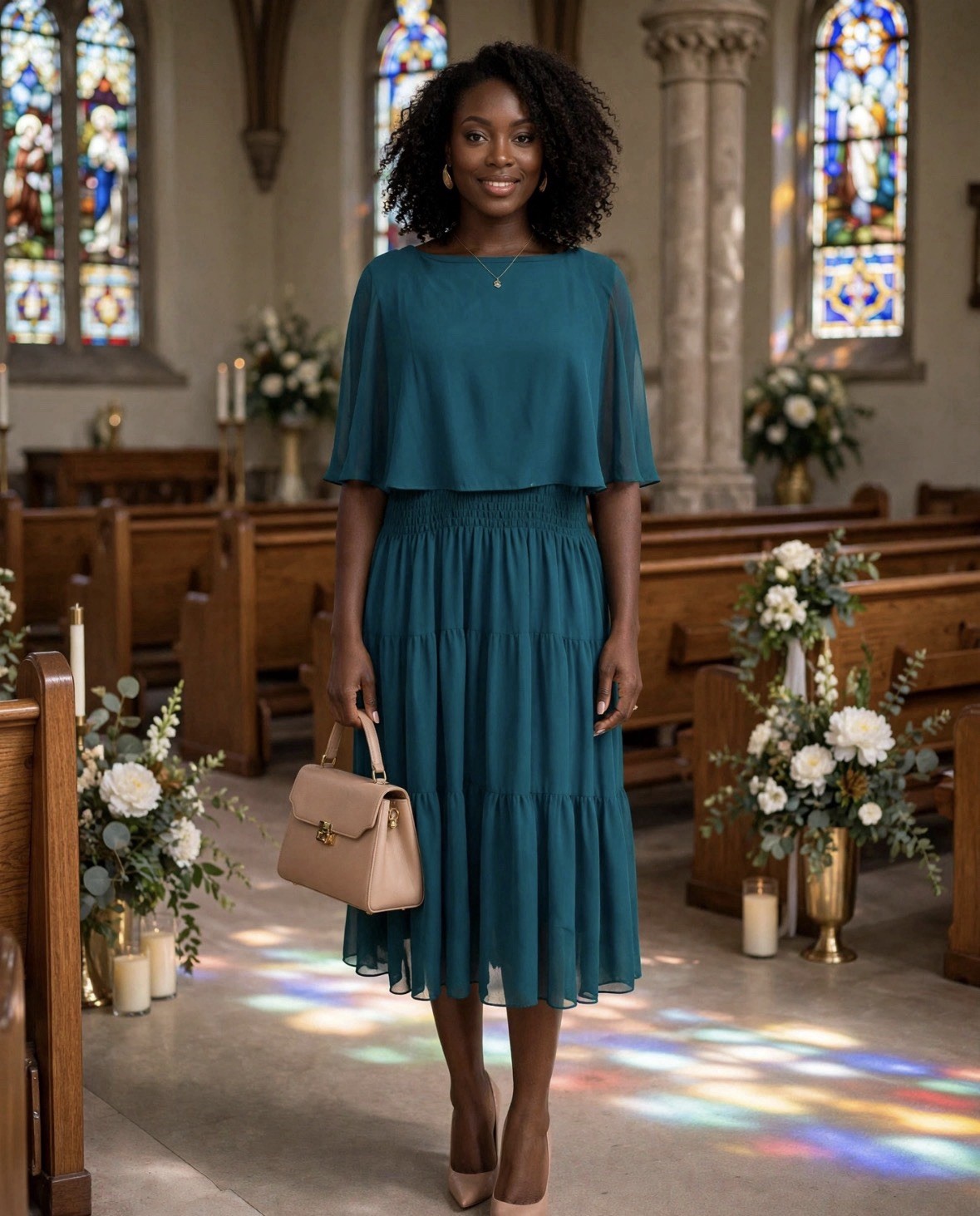 Women’s Teal Solid Crew Neck Short Sleeve Smocked Waist Fit & Flare Midi