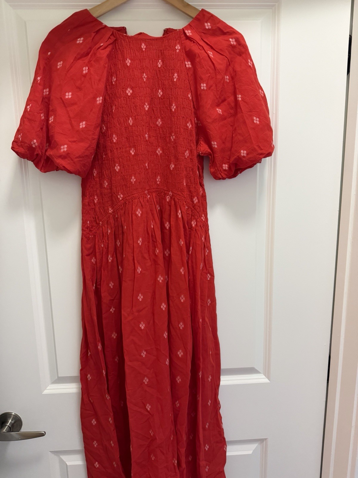 J.Crew Red & White Floral Smocked V-Neck Puff Sleeve Maxi Dress Women MP