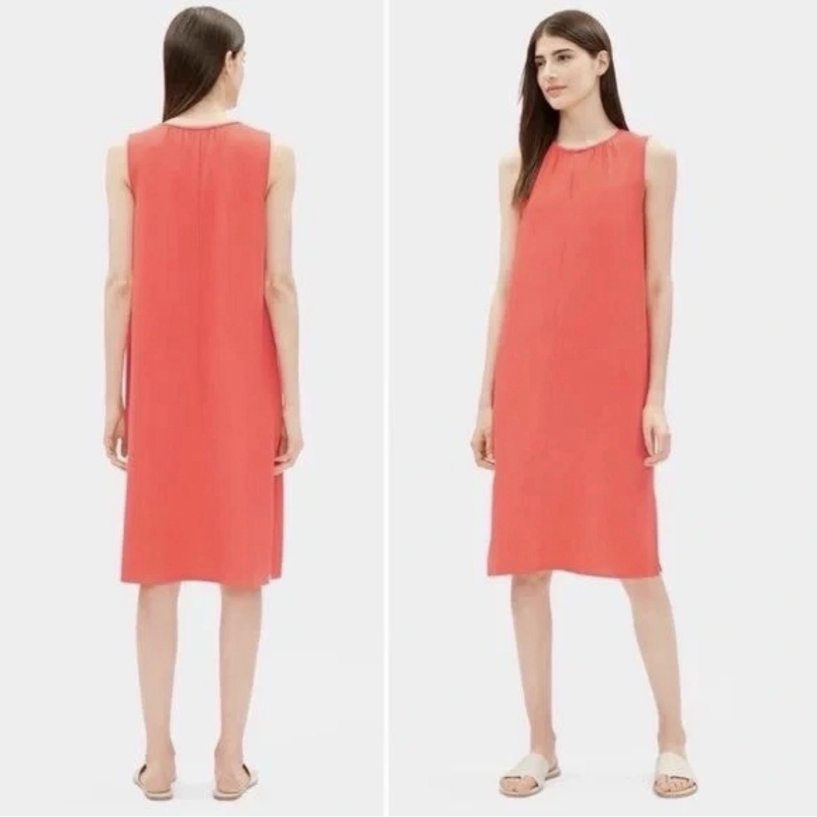 Eileen Fisher Lory Crepe Tencel Midi Dress Orange Minimalist Size L
