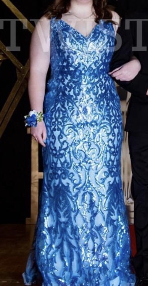 Women’s Blue Satin Beaded Sequin V-Neck Sleeveless Long Formal Gown Size M