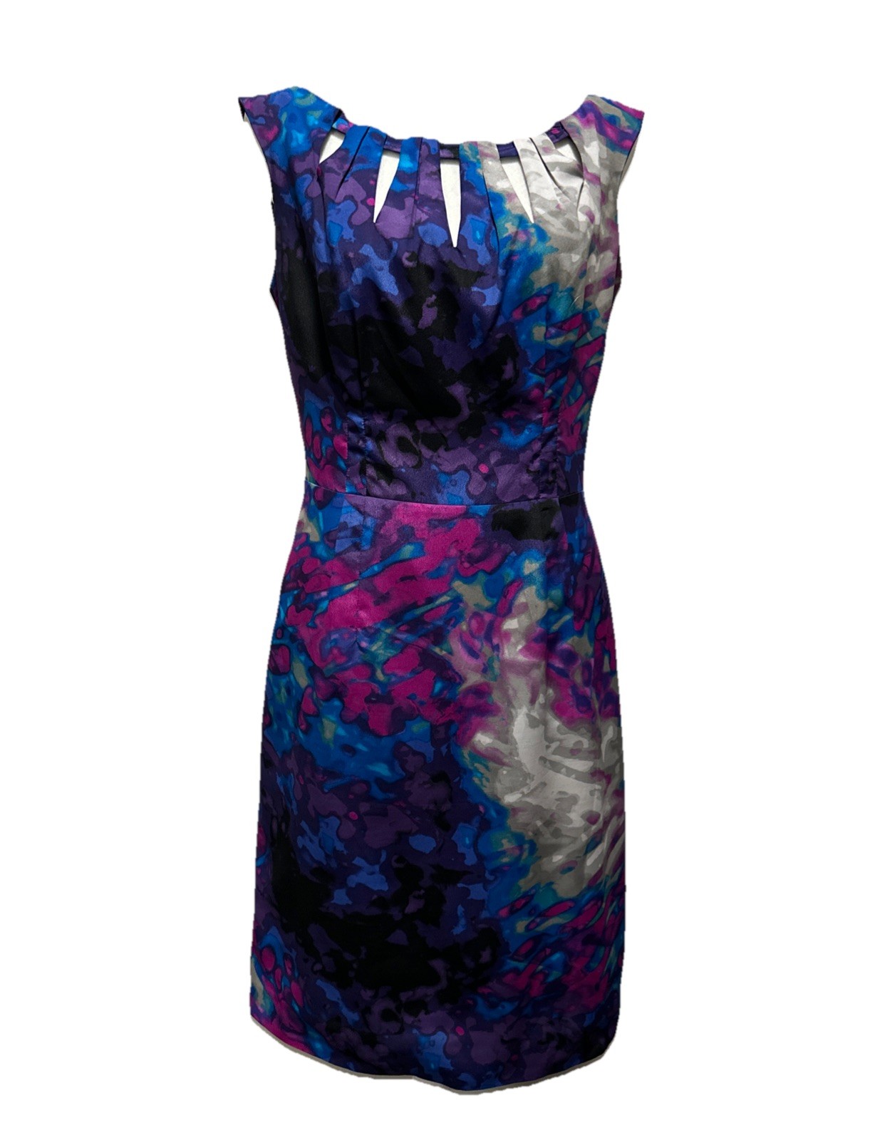 Blue Purple Watercolor Cocktail Sheath Dress 4 Cutout Neckline Art Inspired NEW