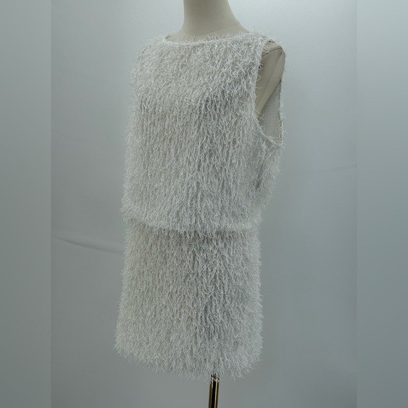 PrettyLittleThing Plus White Fluffy Glitter Knit Two-Piece Mini Skirt Set