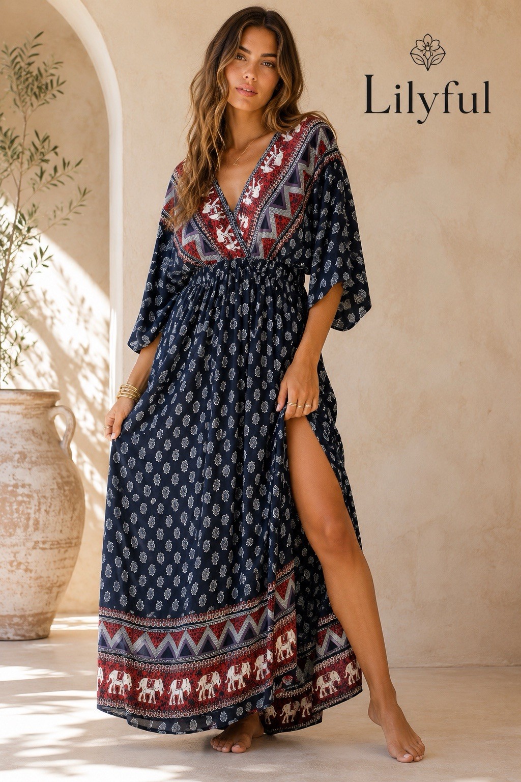 Lilyful Boho Maxi Dress M Navy Elephant Border Paisley Kimono Sleeve Festival